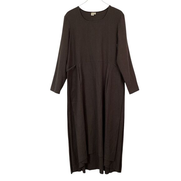 OVATE Size XL Heloise Dress Brown Linen Raw Hem Tie Back Lagenlook Midi - Picture 1 of 8